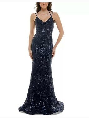 Navy Sequined Lace-Up Gown